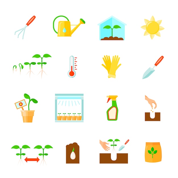 Seedling icons set with equipment symbols flat isolated vector illustration