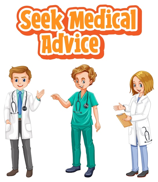 Free vector seek medical advice font in cartoon style with many doctors cartoon character