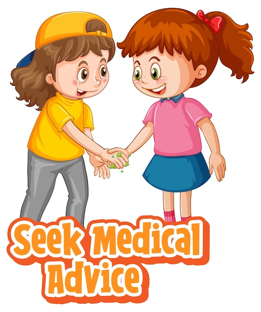 Free vector seek medical advice font in cartoon style with two kids do not keep social distance isolated on white background