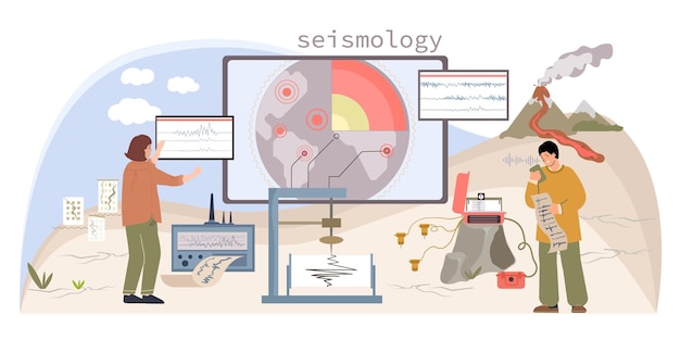 Seismology flat composition with people studying seismic waves earthquake and volcanic eruption environmental effects vector illustration