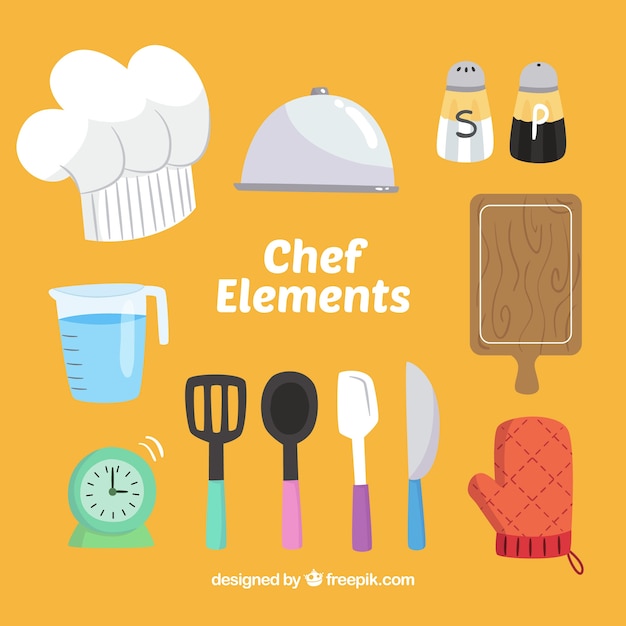 Free vector selection of colored chef objects in hand-drawn design