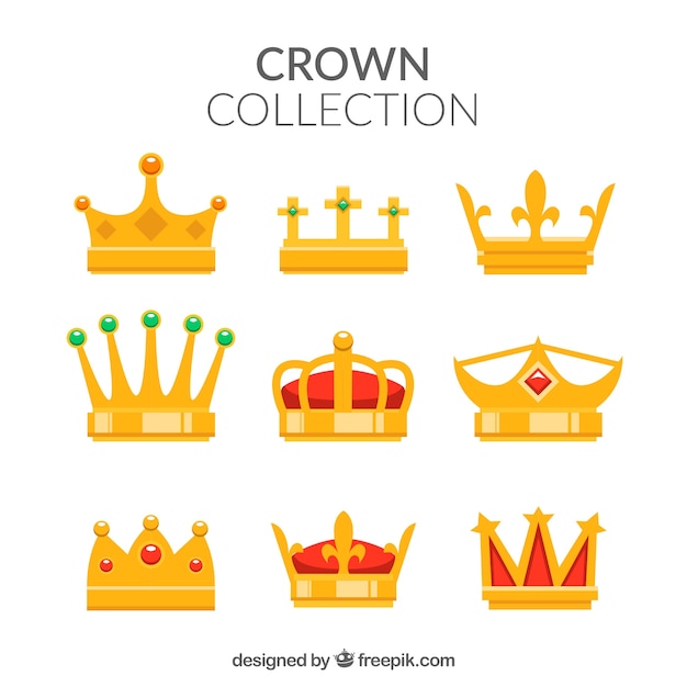 Selection of decorative gold crowns in flat design