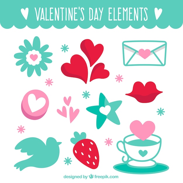 Free vector selection of decorative valentine items in flat design