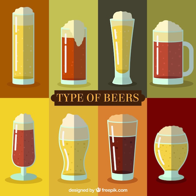 Free vector selection of different types of beer with foam