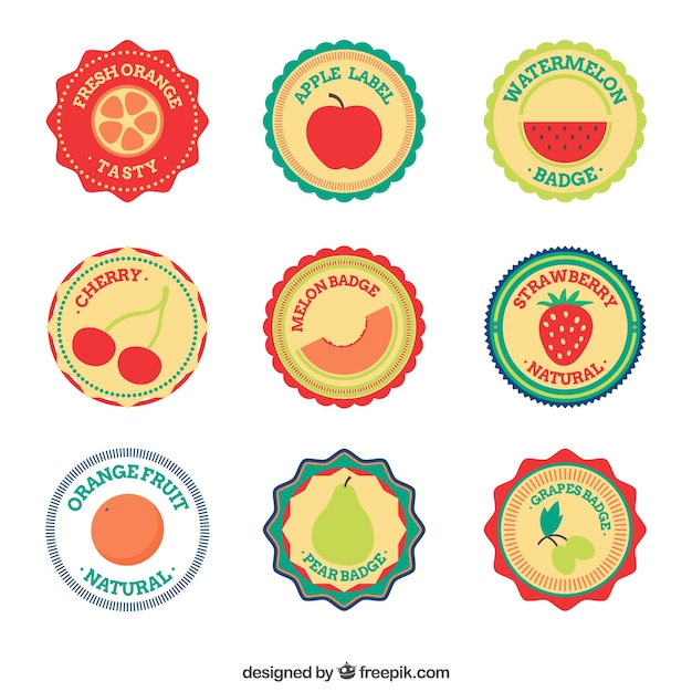 Vettore gratuito selezione di badge di frutta piatte