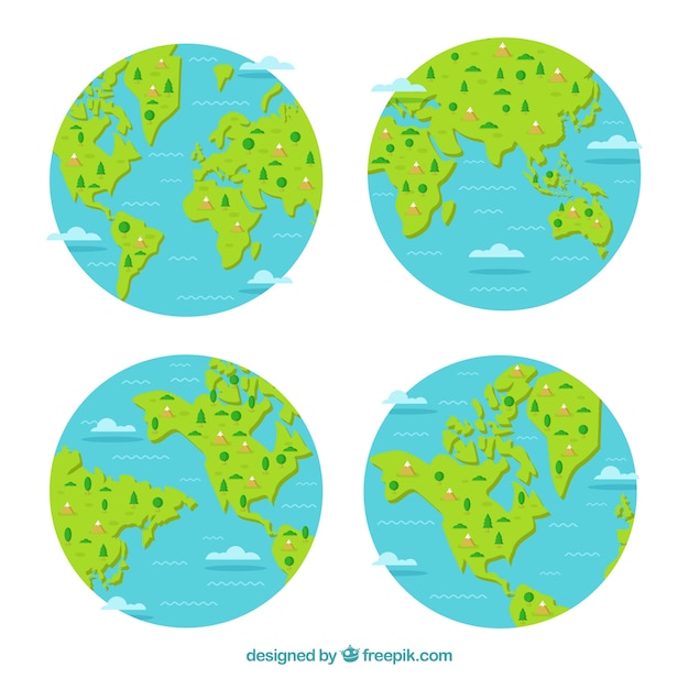 Free vector selection of four earth globes with decorative trees and mountains