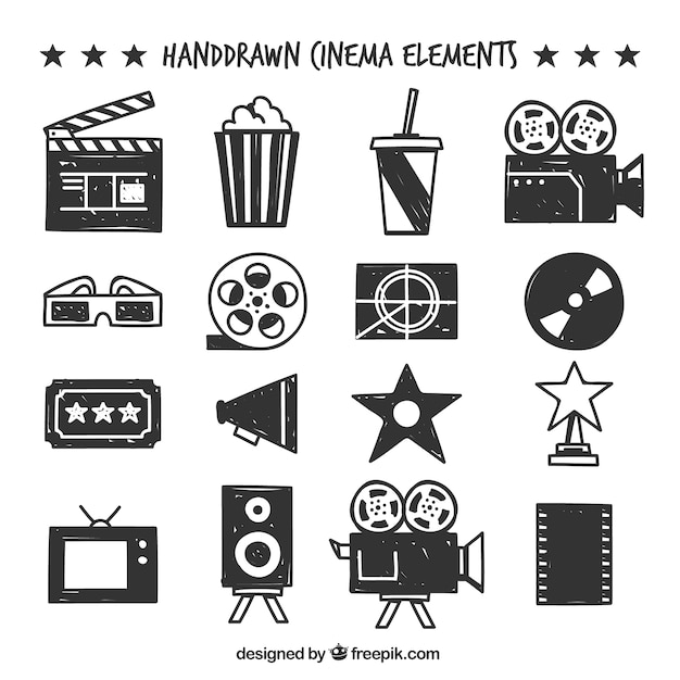 Selection of hand-drawn cinema objects