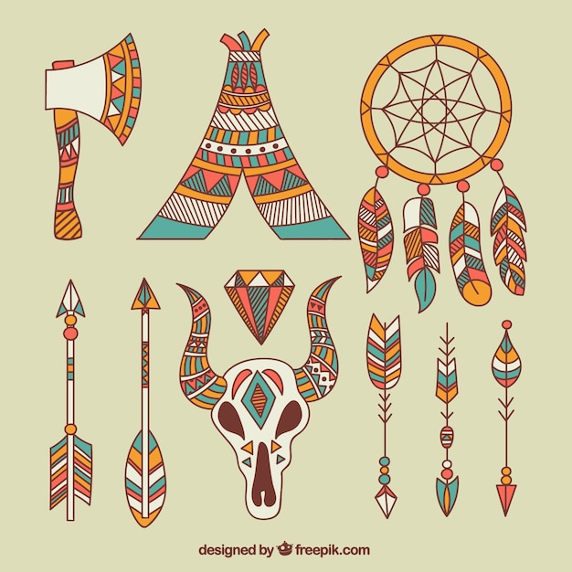 selection of hand-drawn ethnic elements with orange details