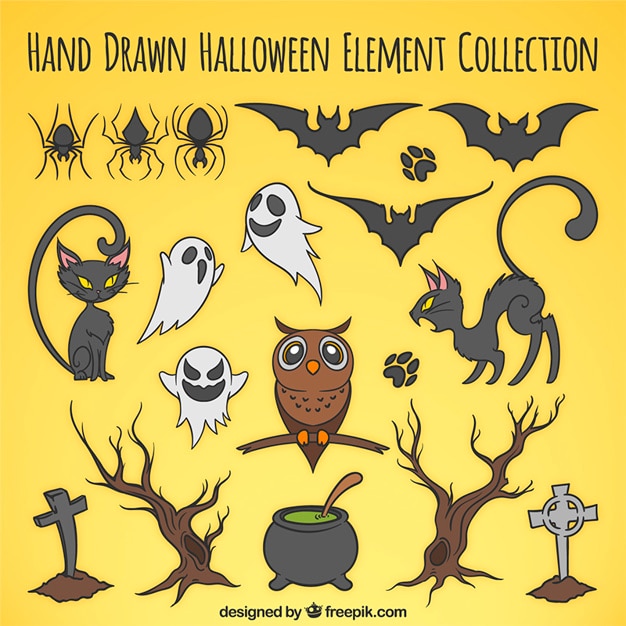 Free vector selection of hand-drawn items for halloween