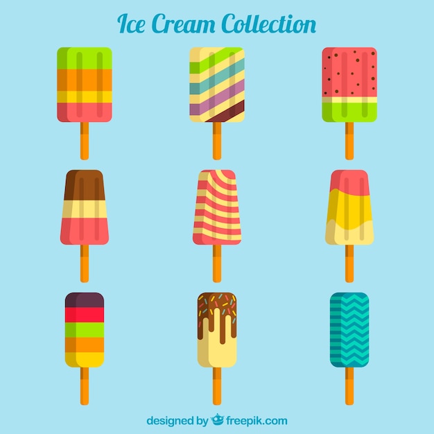 Selection of nine colored ice creams