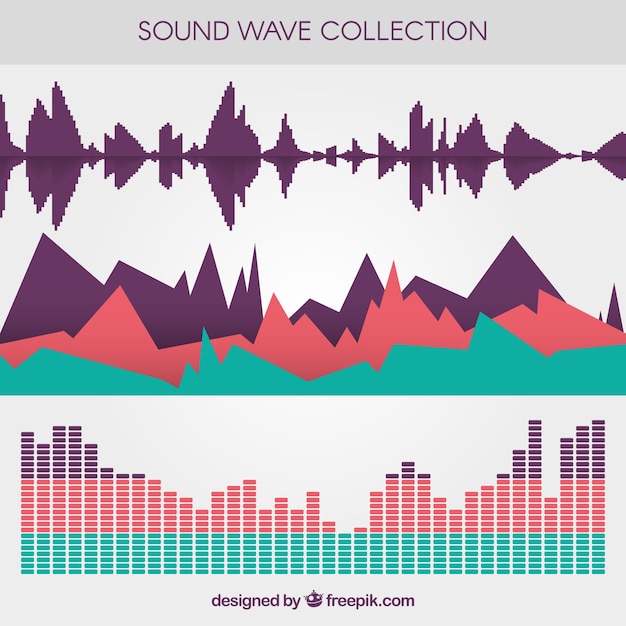 Бесплатное векторное изображение Выбор трех цветных звуковых волн в плоском дизайне