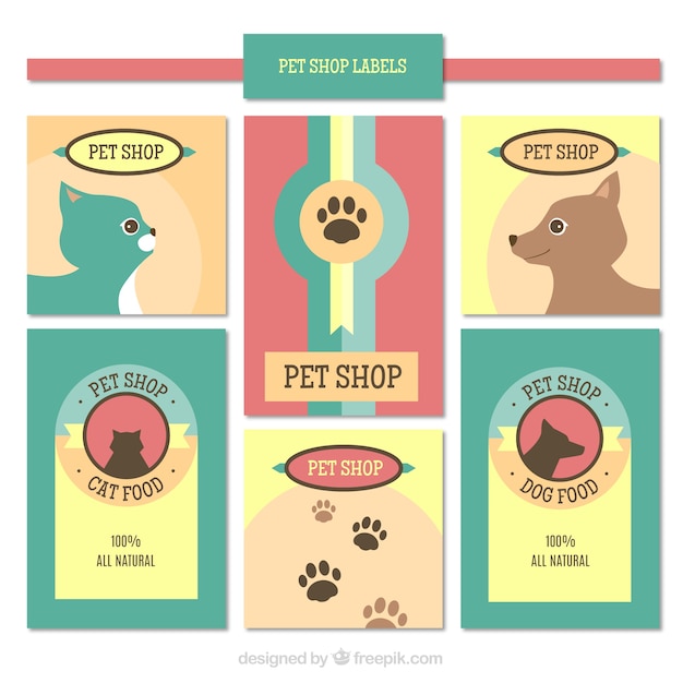 Selection of pet shop labels in pastel colors