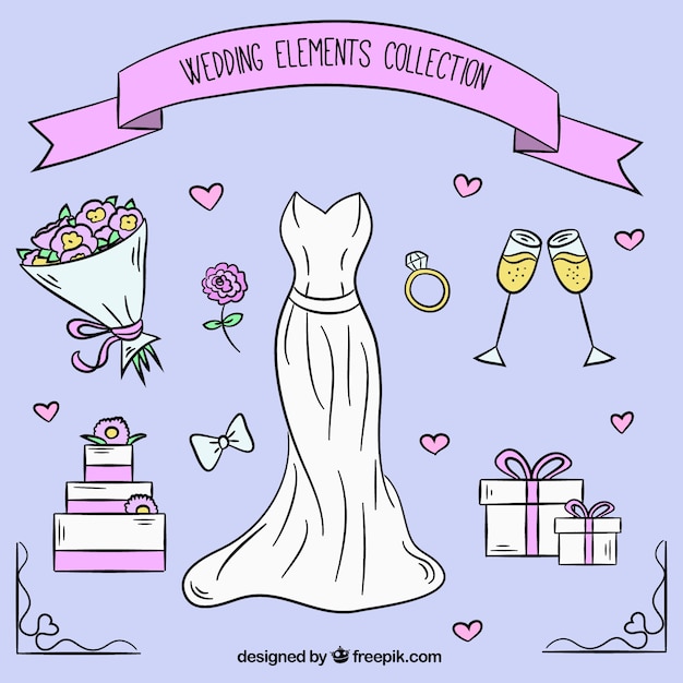 Selection of pretty wedding elements in hand-drawn style