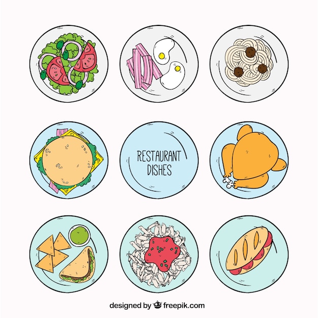 Selection of restaurant dishes, hand drawn