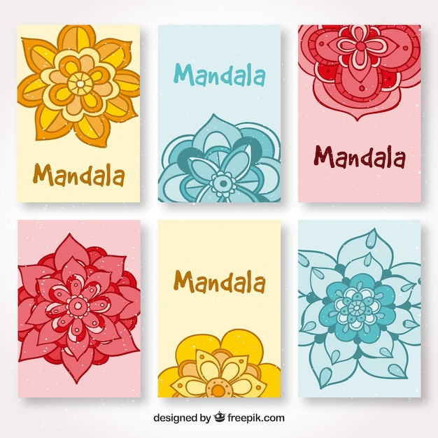 Selection of six decorative cards with hand-drawn colored mandalas