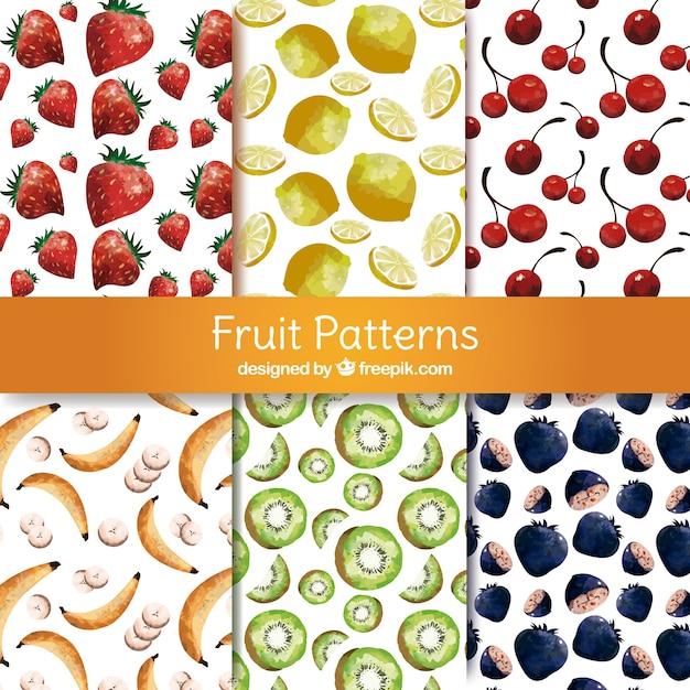 Free vector selection of six patterns with watercolor fruits