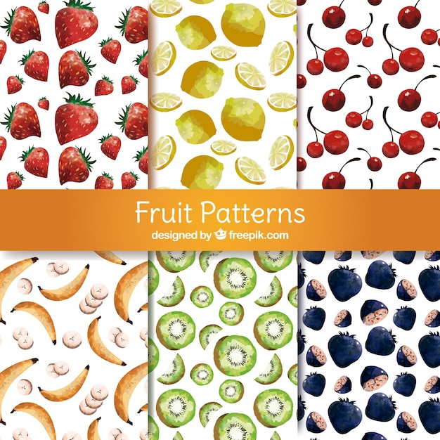 Selection of six patterns with watercolor fruits