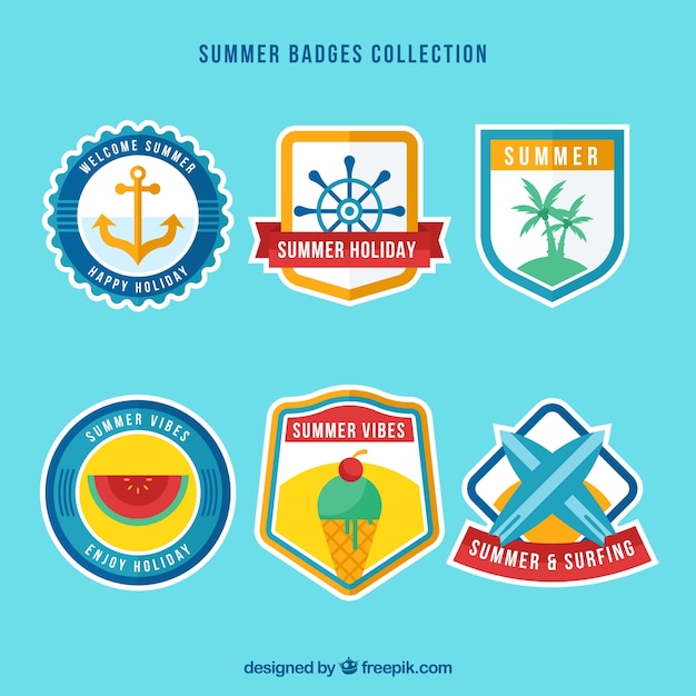 Free vector selection of six summer badges in flat design