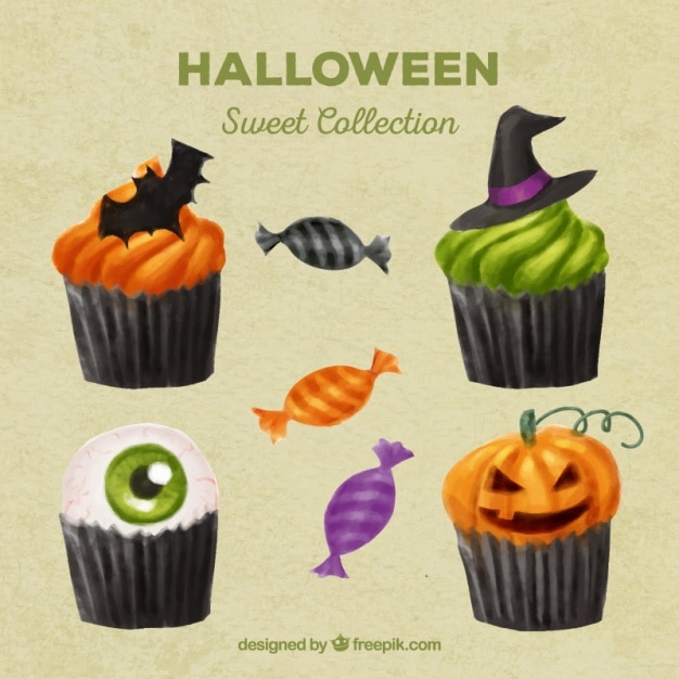 Vettore gratuito selezione di cupcakes gustosi per halloween