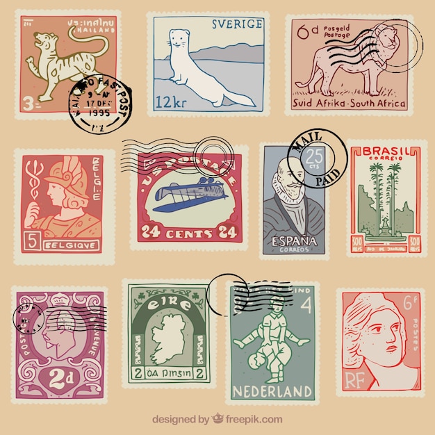 Vettore gratuito selezione di francobolli d'epoca