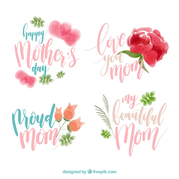 Free vector selection of watercolor labels for mother's day