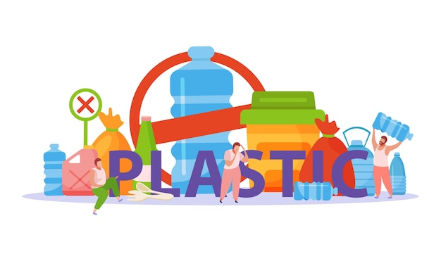 Concetto piano di cura di sé con il grande sacchetto di plastica e l'illustrazione astratta della composizione dell'inquinamento di plastica