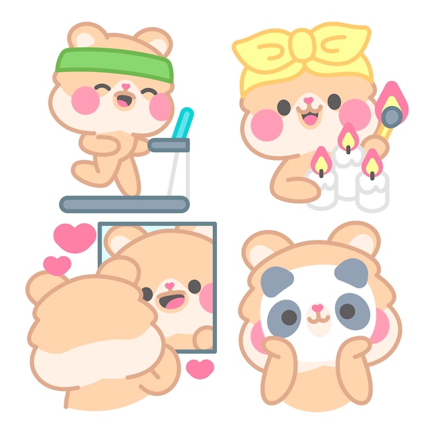 Free vector self care stickers collection with kimchi the hamster