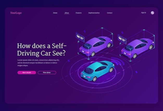 Pagina di destinazione isometrica di auto a guida autonoma. veicolo autonomo con tecnologie scanner e radar, sistema di trasporto automatico, futuristiche automobili intelligenti senza conducente su banner web 3d stradale