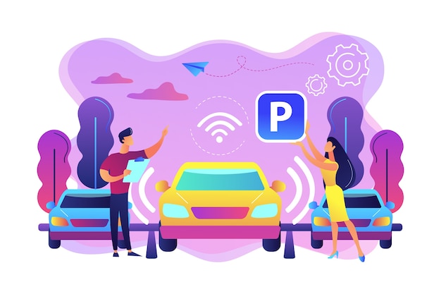 Vettore gratuito auto a guida autonoma con sensori parcheggiate automaticamente nel parcheggio. sistema di parcheggio autonomo, veicolo con parcheggio autonomo, concetto di tecnologia di parcheggio intelligente. illustrazione isolata viola vibrante brillante