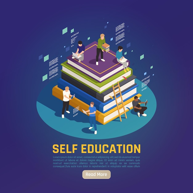 Self education for personal development isometric people reading studying on big books pile