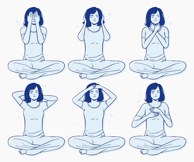 Free vector self-healing reiki poses hand drawn style