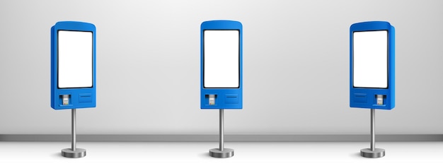 Self payment kiosk, order machine for fast food restaurant, cafe, market and store. vector realistic 3d mockup of self service interactive terminal for electronic pay in front and angle view