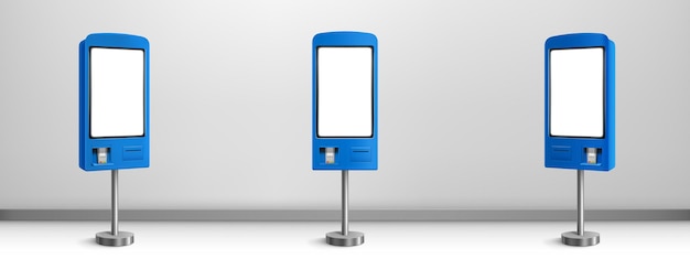 Self payment kiosk, order machine for fast food restaurant, cafe, market and store. Vector realistic 3d mockup of self service interactive terminal for electronic pay in front and angle view