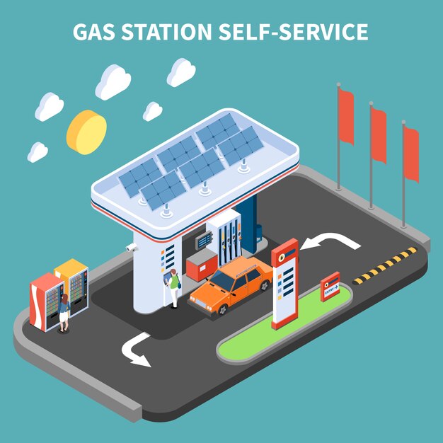 Self service at gas station with payment terminal and vending machine isometric vector illustration