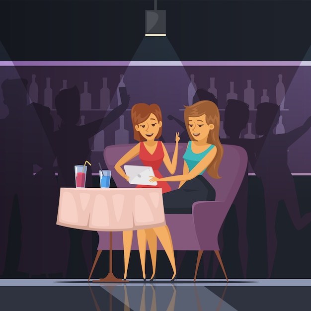 Селфи в кафе с женщинами планшетный стол и напитки плоские векторная иллюстрация