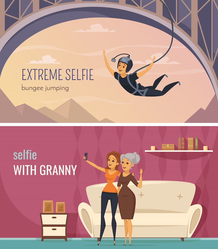 Free Vector selfie horizontal banners set with extreme and family selfie symbols flat isolated vector illustration
