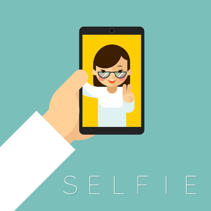 Free Vector selfie. photo portrait, picture and smartphone, hand and woman face.