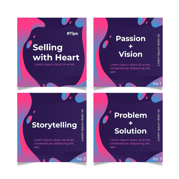 Free vector selling with heart tips on instagram posts set