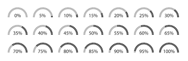 インフォグラフィックの半円パーセンテージ図、0、5、10、15、20、25、30、35、40、45、50、55、60、65、70、75、80、85、90、95、100。ベクトル図。