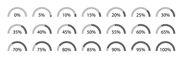 Semicircle percentage diagrams for infographics, 0, 5, 10, 15, 20, 25, 30, 35, 40, 45, 50, 55, 60, 65, 70, 75, 80, 85, 90, 95, 100. Vector illustration.