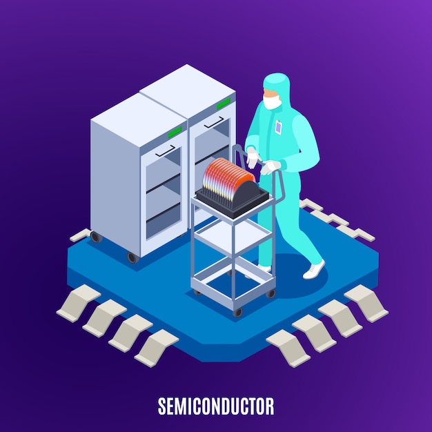 Semicondoctor isometric concept with technology and laboratory uniform symbols  