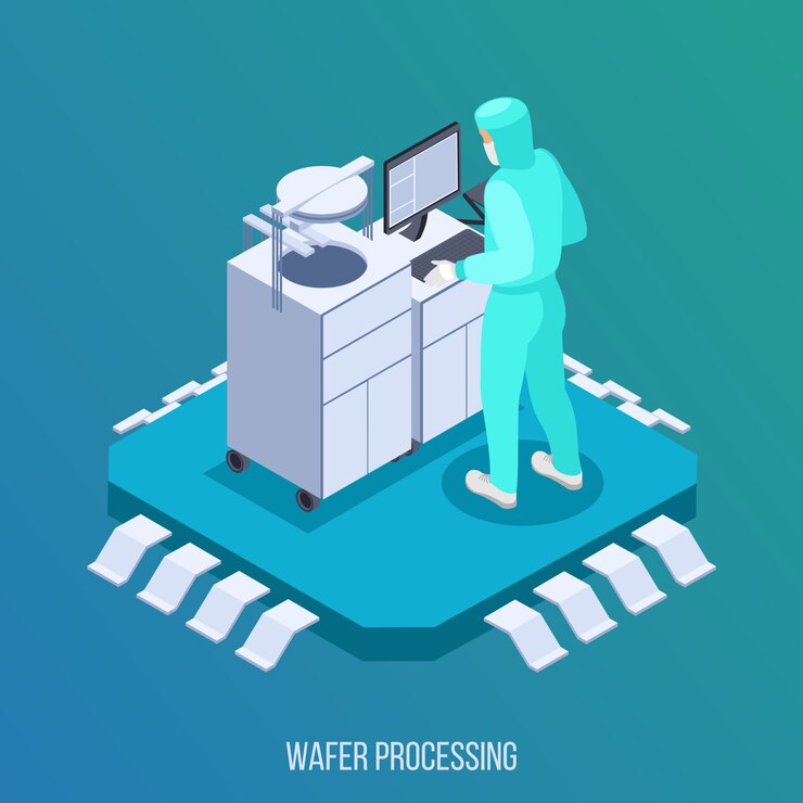 Free Vector semicondoctor production isometric composition with wafer processing symbols isometric 