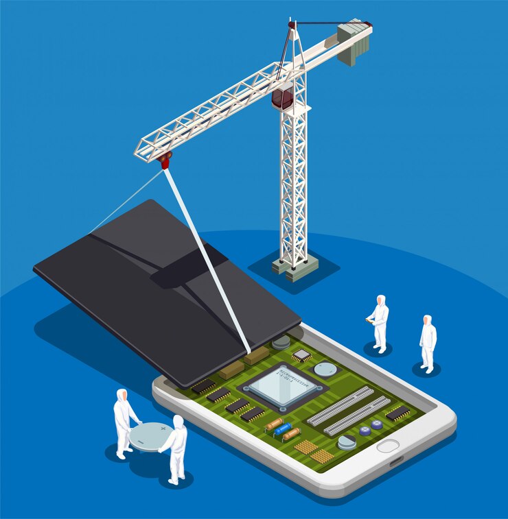 Free Vector semiconductor abstract composition with people in special work suits engaged in assembling of smartphone isometric