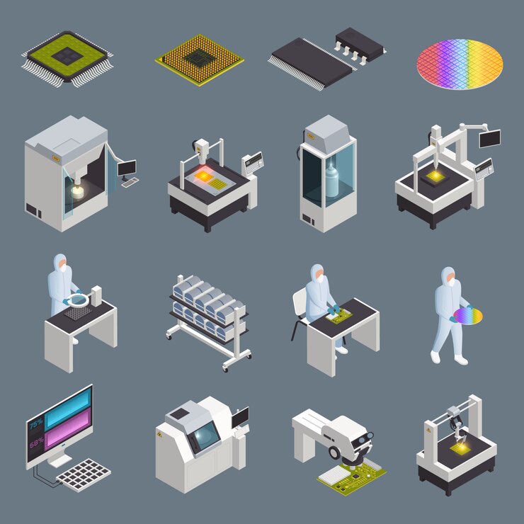 Free Vector semiconductor chip production isometric icons collection with isolated hi-tech facilities and supplies with human characters vector illustration