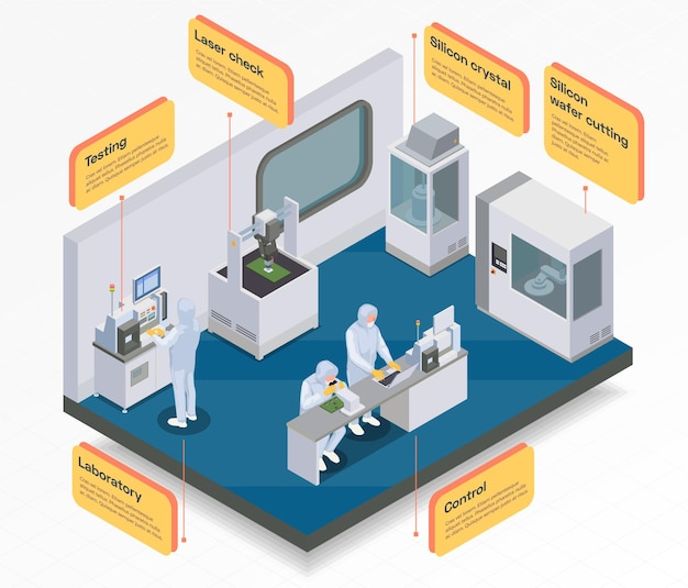 Vettore gratuito infografica isometrica di produzione di chip a semiconduttore con composizione del reparto interno e blocchi collegati con didascalie di testo modificabili