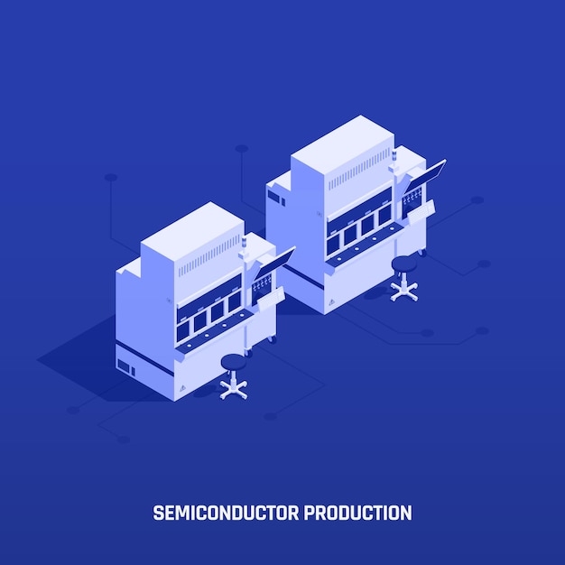 Free vector semiconductor electronic components isometric composition with editable text and view of two work stations with stools illustration