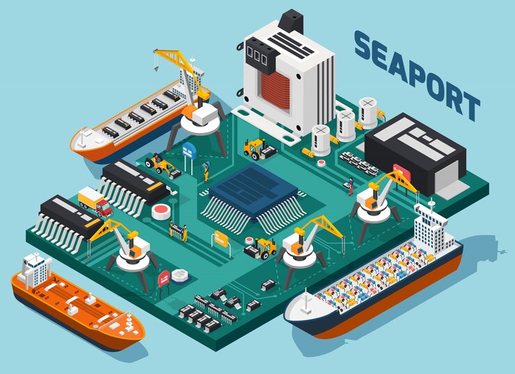 Free Vector semiconductor electronic components isometric seaport composition