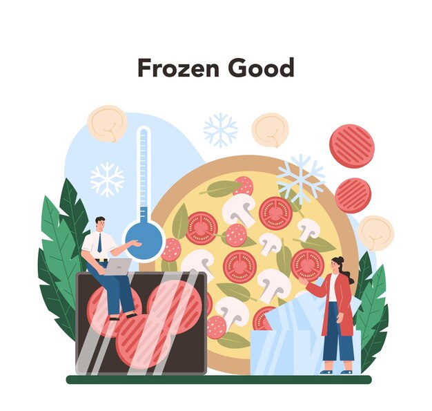 Semiprocessed goods production Frozen intermidiate food or ingredients for home cooking Frozen roastbeef and pizza caned soup and packed salad Isolated flat vector illustration