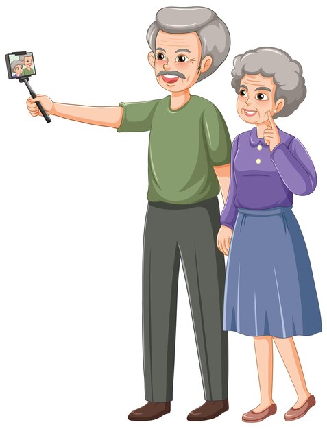 A senior couple cartoon character taking selfie