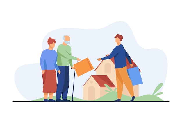 Free vector senior couple exchanging packages with young man. house, grandfather, grandmother flat illustration.